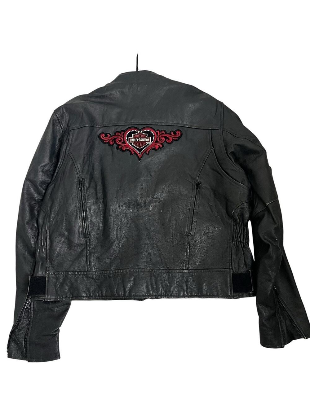 Black Leather Motorcycle Jacket Harley Davidson Patch Heart Logo Embroidered